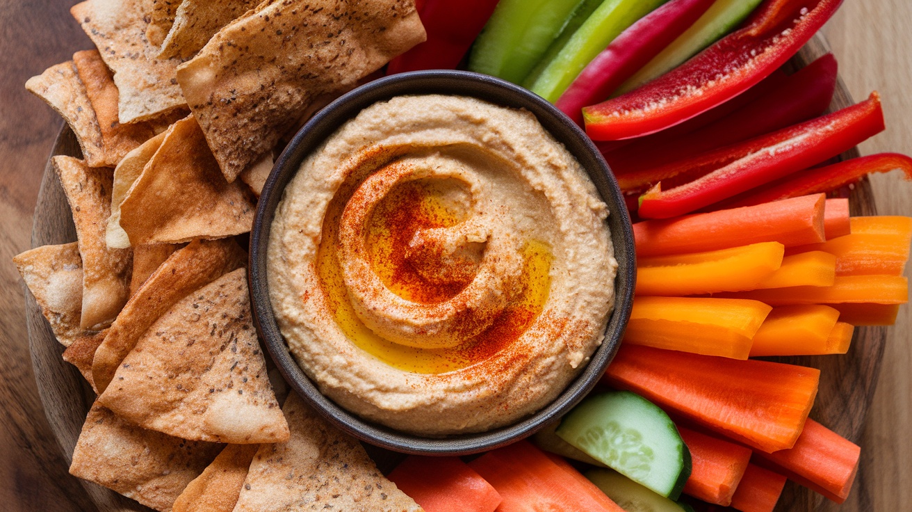 A bowl of hummus surrounded by pita chips and colorful vegetables
