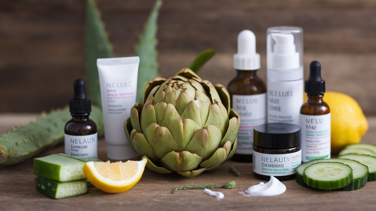 Artichokes and skincare products arranged on a wooden surface, showcasing the connection between nutrition and skin health.