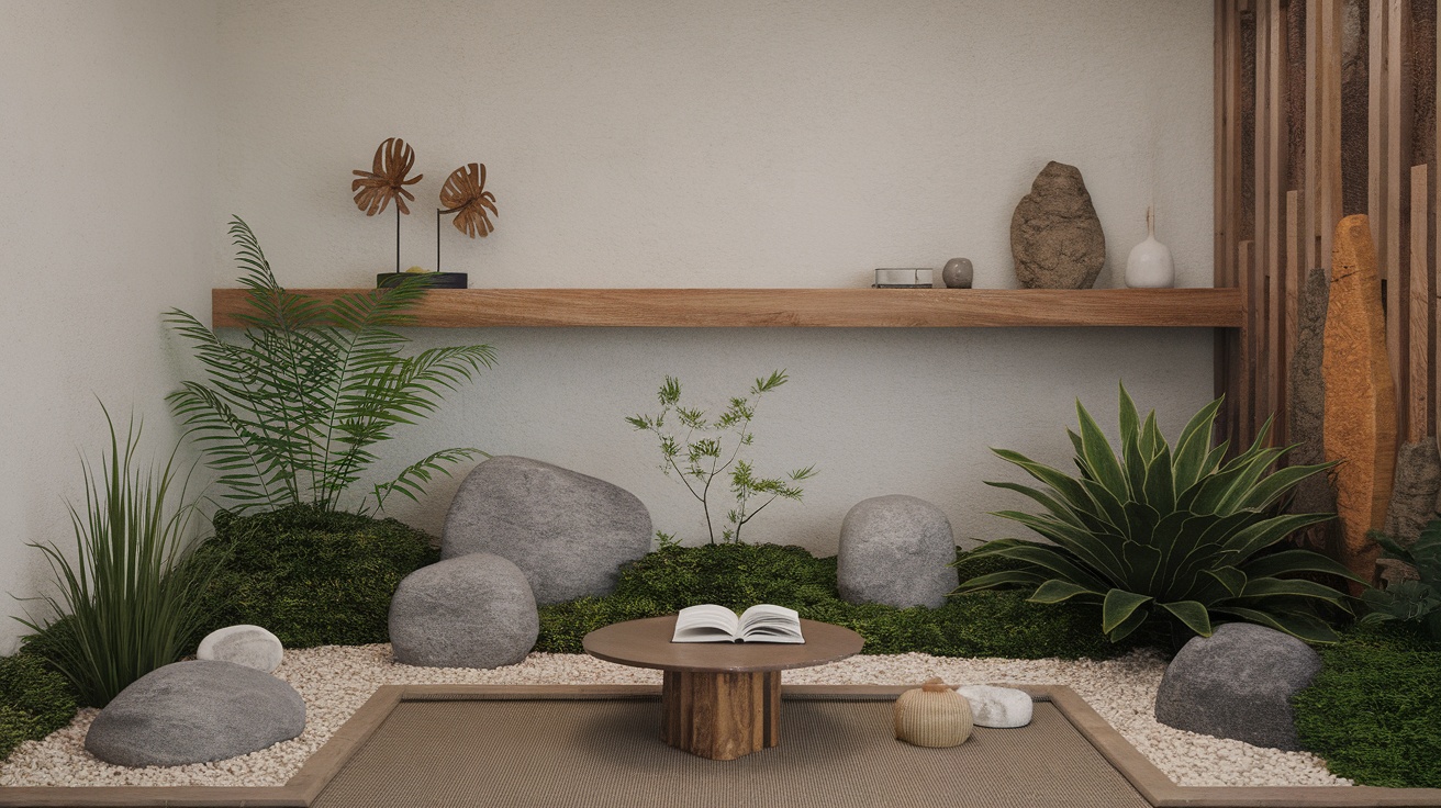 A minimalist zen nook featuring stones, plants, and a wooden table.