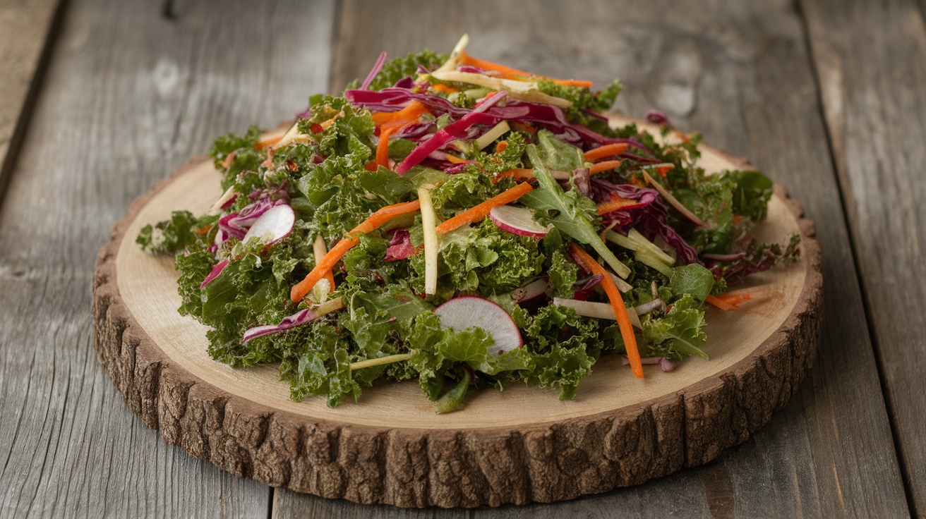 A vibrant kale salad with colorful vegetables on a wooden plate.