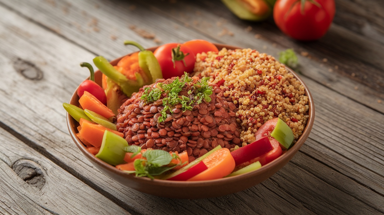 A bowl of lentils with colorful vegetables and quinoa on a wooden table.