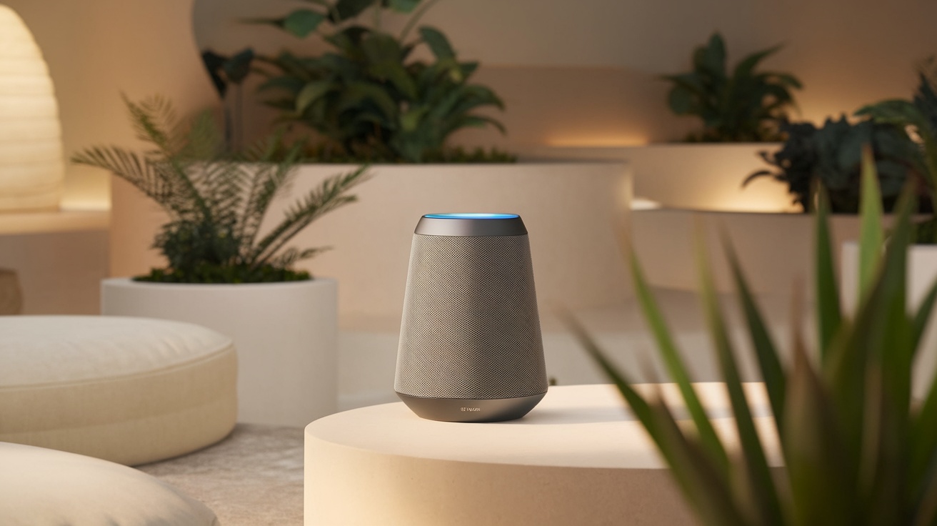 A stylish speaker designed for low-distortion audio fidelity, placed on a minimalist table surrounded by plants.