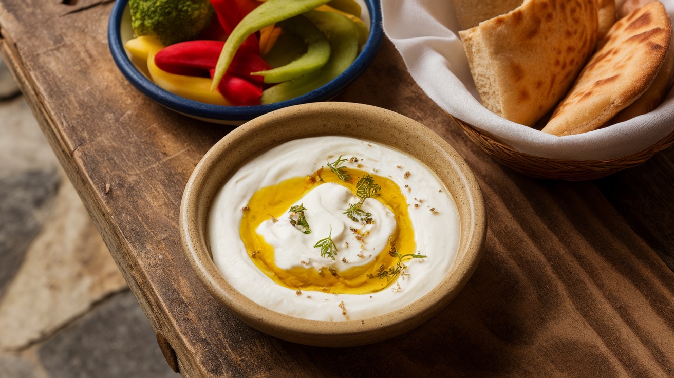 A bowl of labneh topped with olive oil and herbs, served with fresh vegetables and bread.