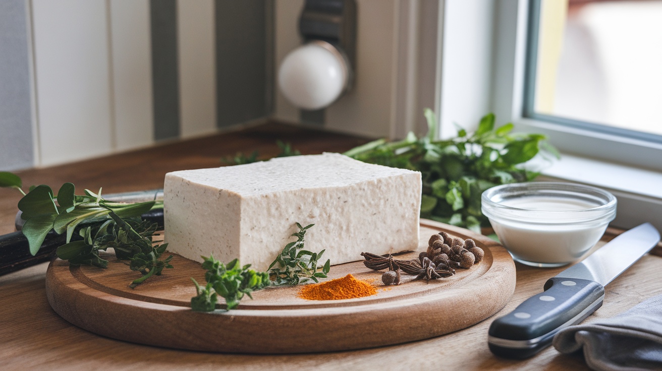 A block of low-fat paneer on a wooden board surrounded by herbs and spices.