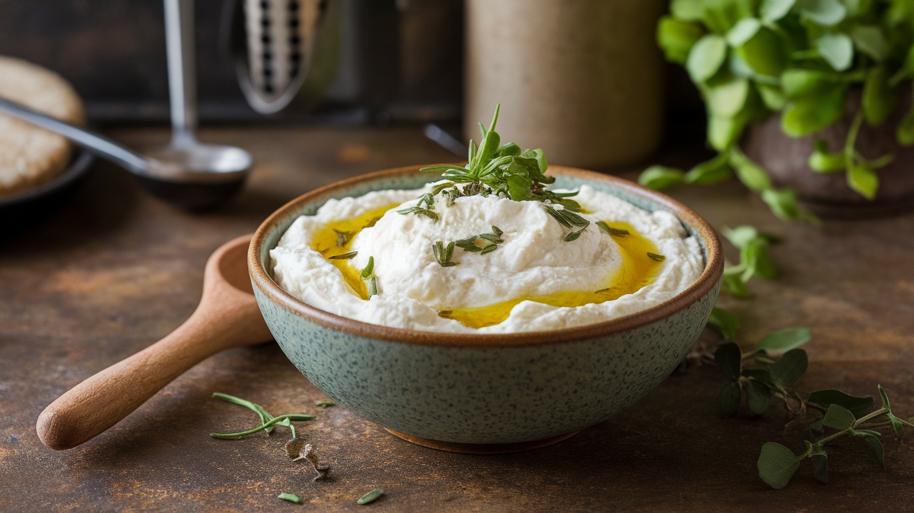 A bowl of low-fat ricotta cheese garnished with herbs and olive oil.