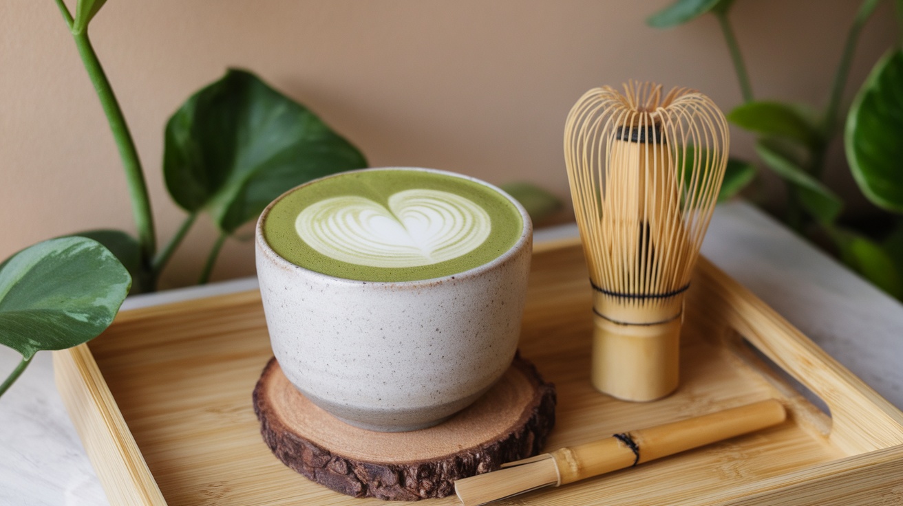 A cup of matcha green tea with a heart design on top, accompanied by a bamboo whisk and a bamboo stirrer on a wooden tray.