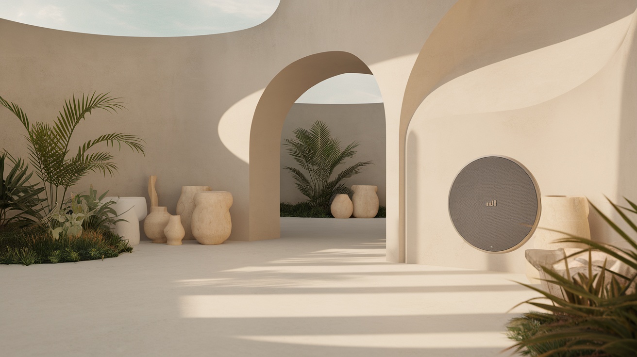 A minimalist interior featuring a speaker, plants, and pottery in a calm sanctuary.