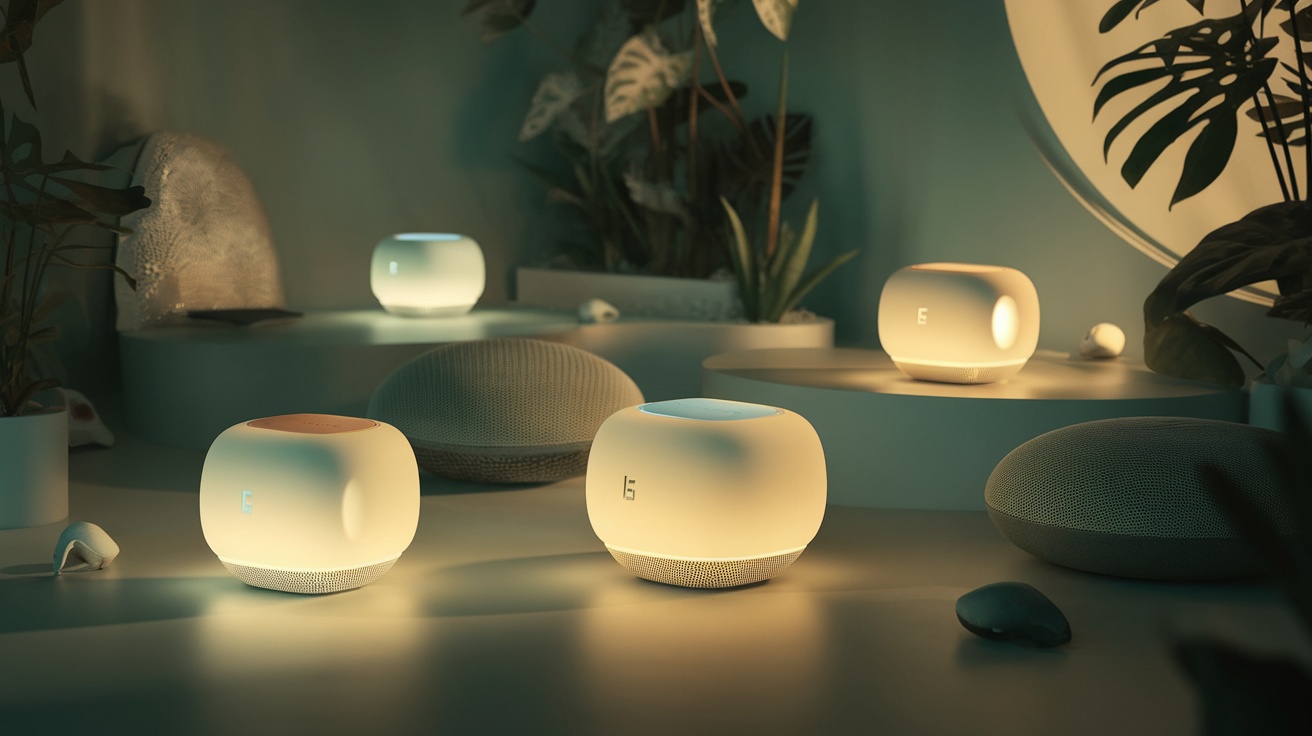 A collection of stylish speakers glowing softly in a serene setting.