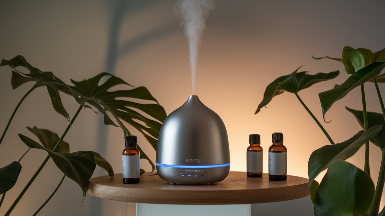 A sleek nebulizing diffuser with essential oil bottles on a wooden table surrounded by green leaves.