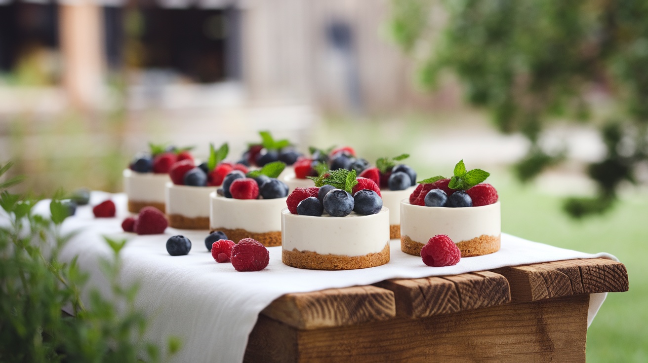No-bake cheesecake cups topped with fresh berries and mint on a wooden table.