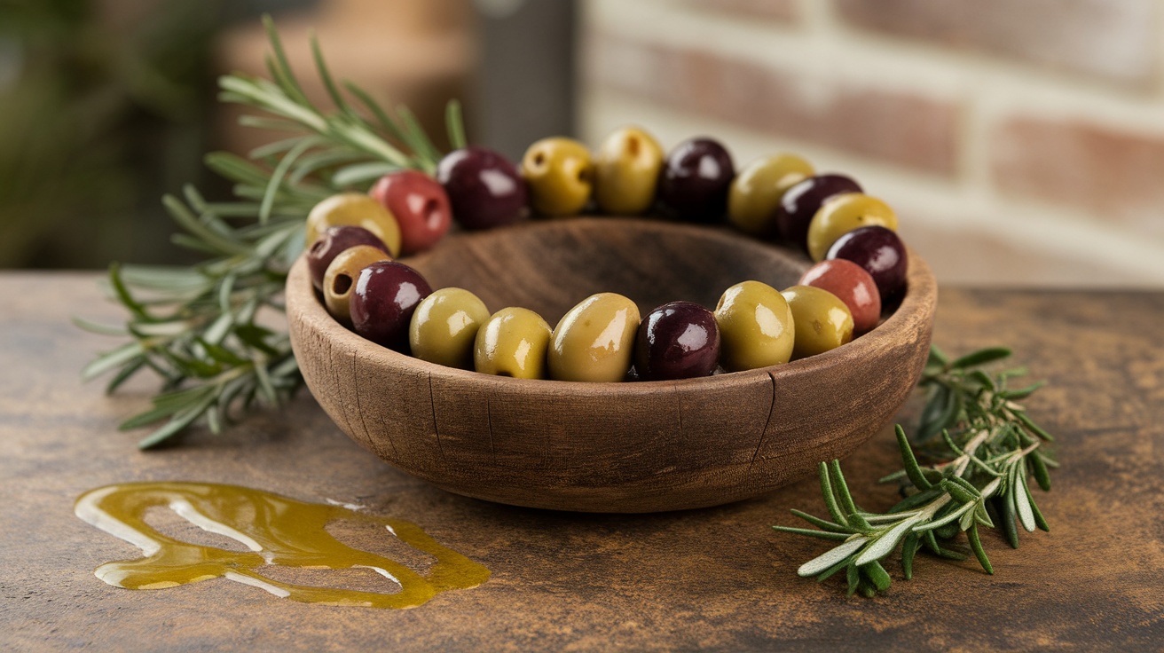 A wooden bowl filled with various olives and fresh rosemary, with olive oil drizzled on the surface.