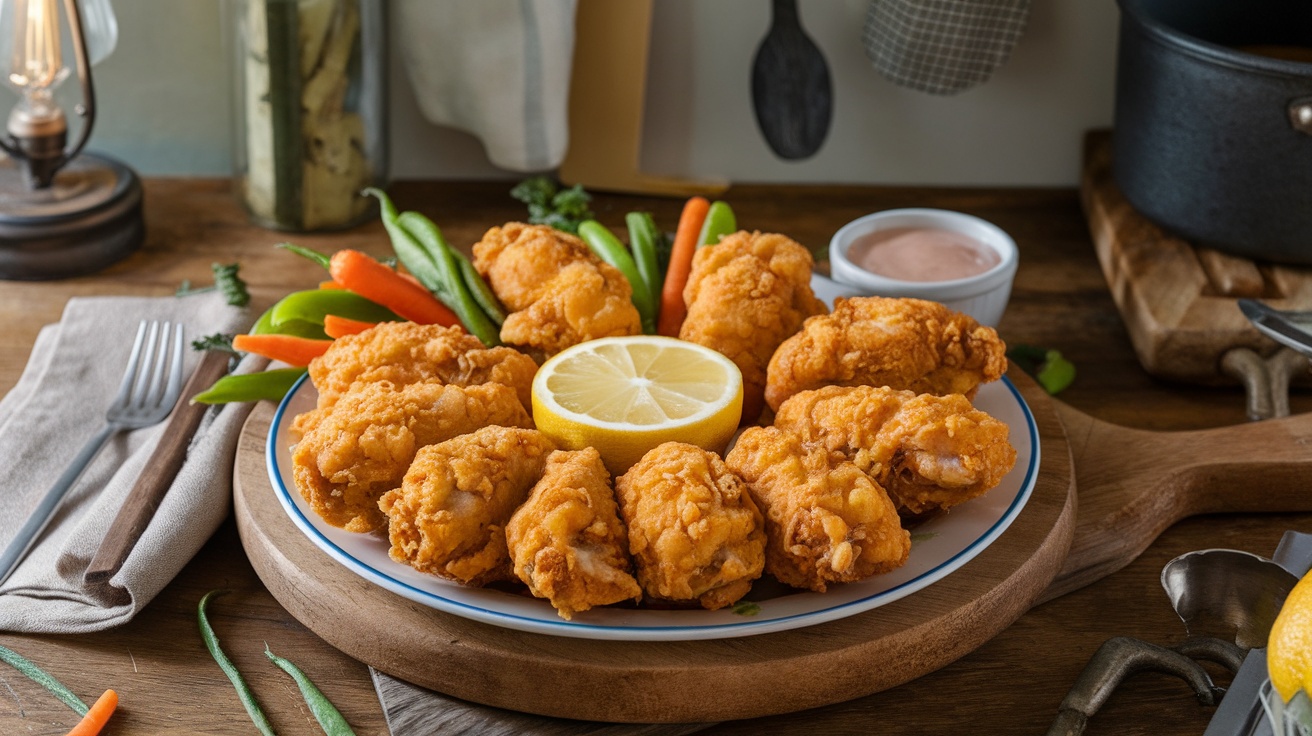 A platter of golden-brown oven-baked crispy chicken with a slice of lemon and fresh vegetables.