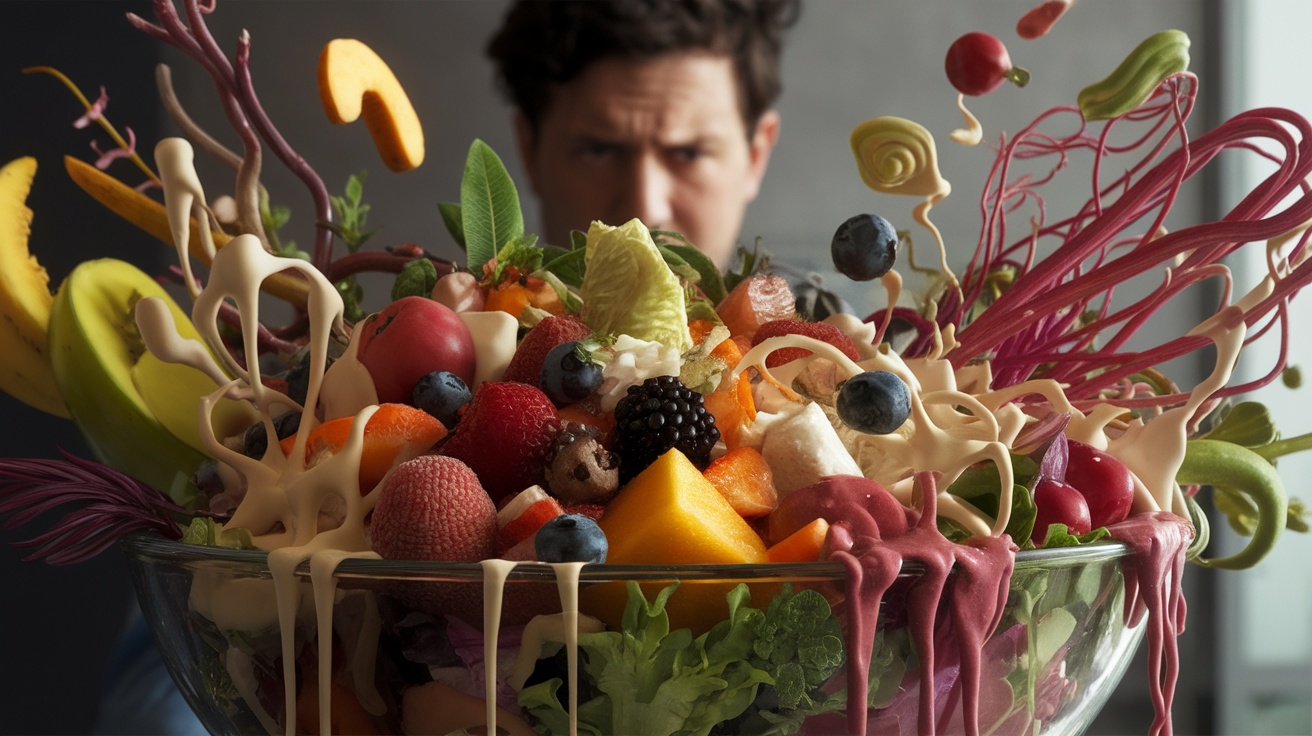 A colorful salad with various fruits, vegetables, and sauces, appearing overly complex.
