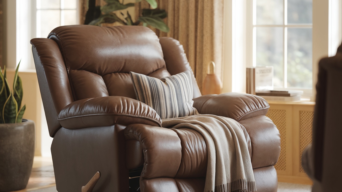 A cozy brown oversized recliner with plush cushions and a throw blanket, perfect for relaxation.