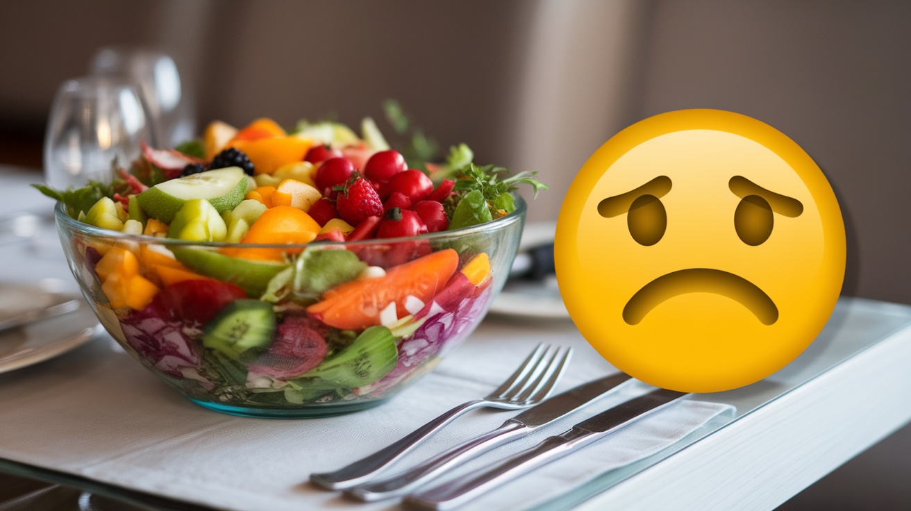 A colorful salad in a bowl with a sad emoji overlay