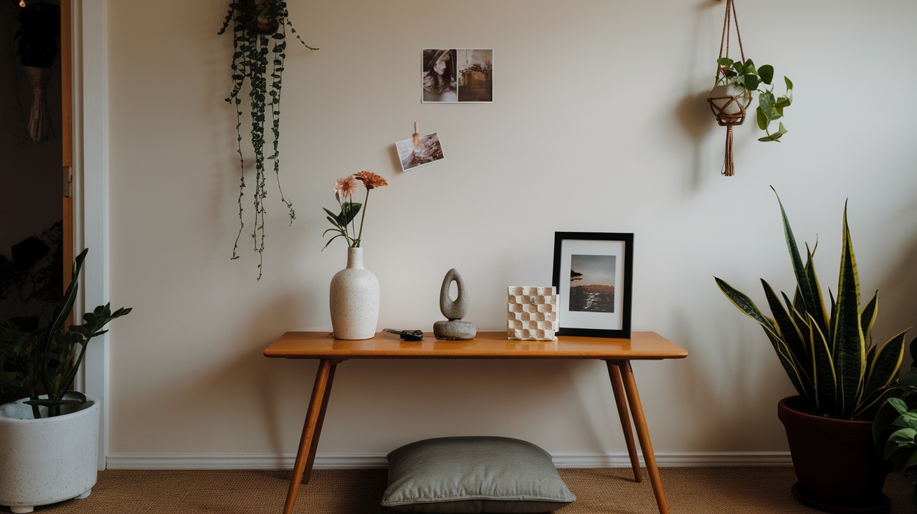 A minimalist zen nook featuring a wooden table with a vase of flowers, stone sculptures, framed photos, and plants.