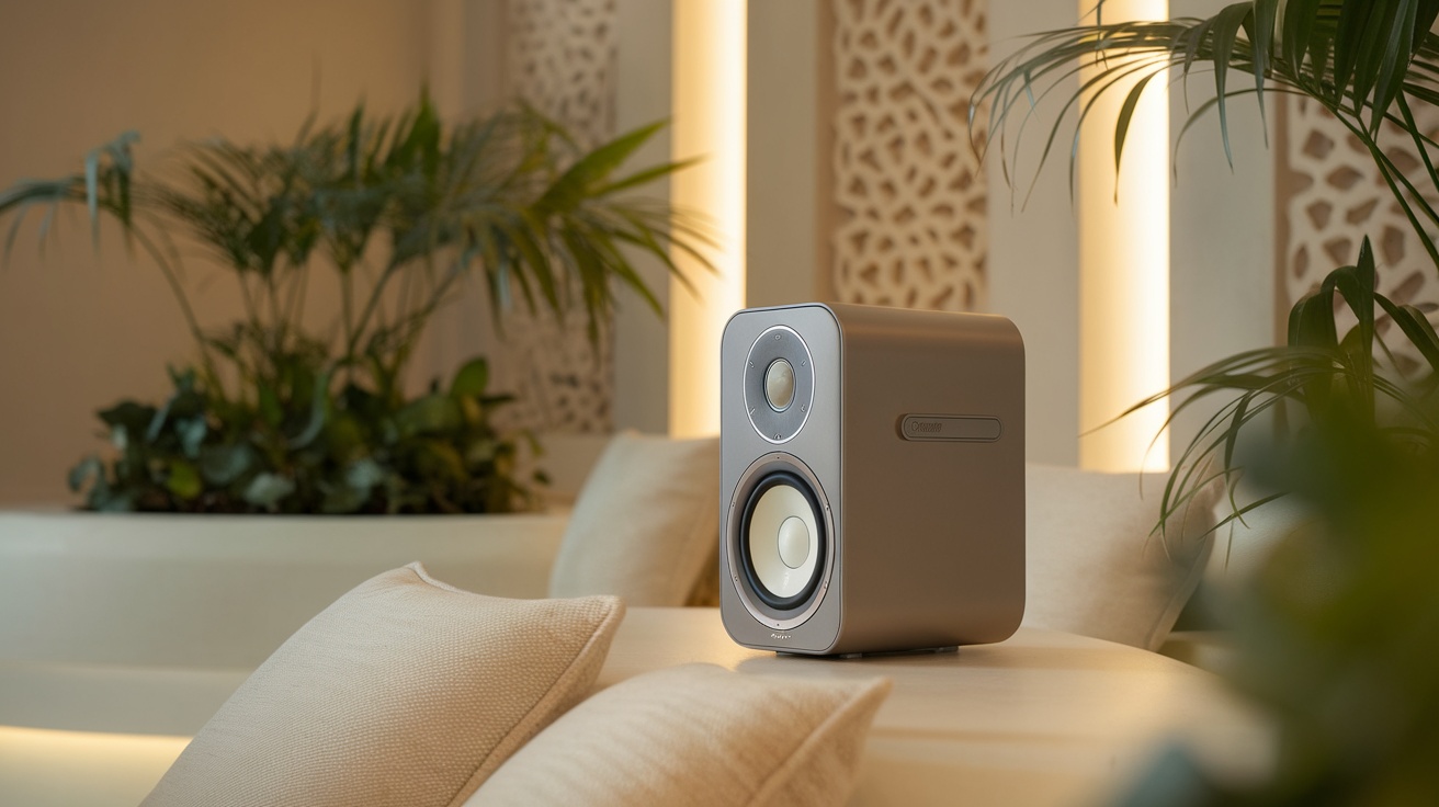 A sleek speaker placed on a table with soft cushions and plants in the background.