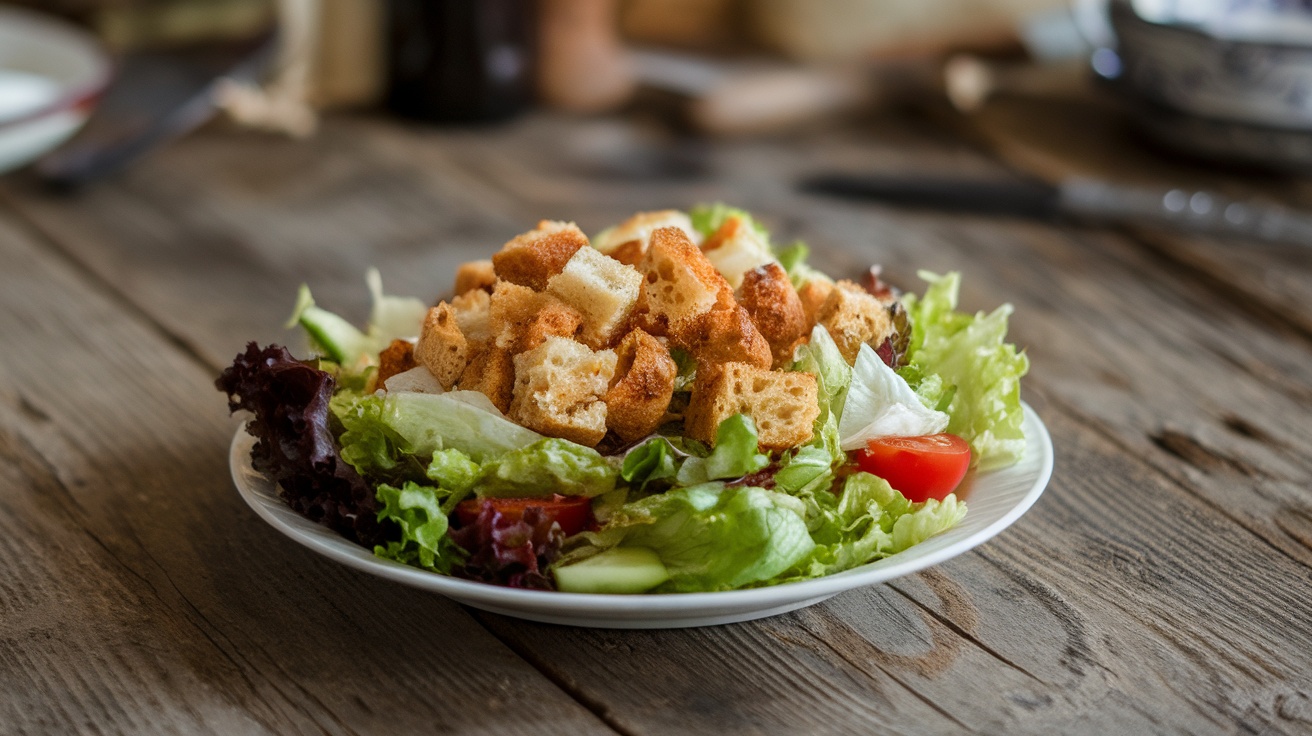 A salad with greens, tomatoes, and croutons on a wooden table.