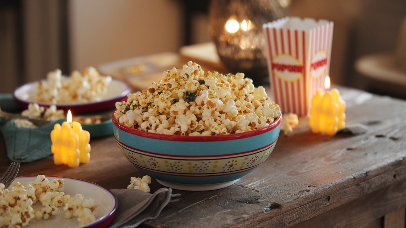 A bowl of popcorn on a wooden table, surrounded by candles and a cozy setting.