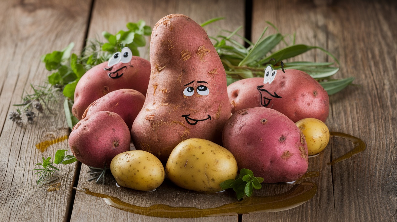 A group of potatoes with cartoon faces, showcasing their fun and friendly nature.