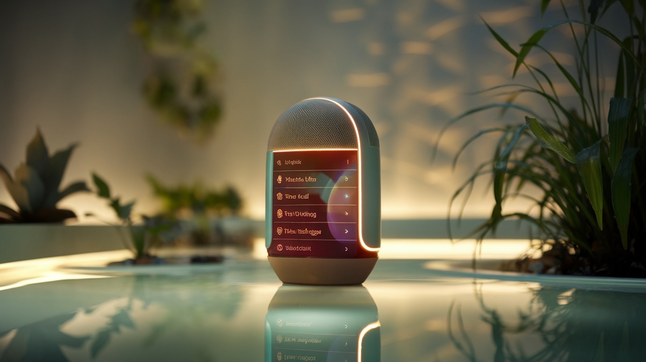 A modern speaker with a sleek design and a glowing interface, set against a serene background with plants.