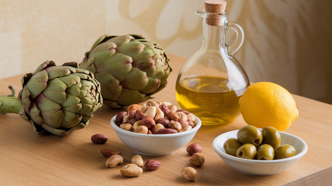 Fresh artichokes with nuts, olive oil, and lemon on a wooden table.