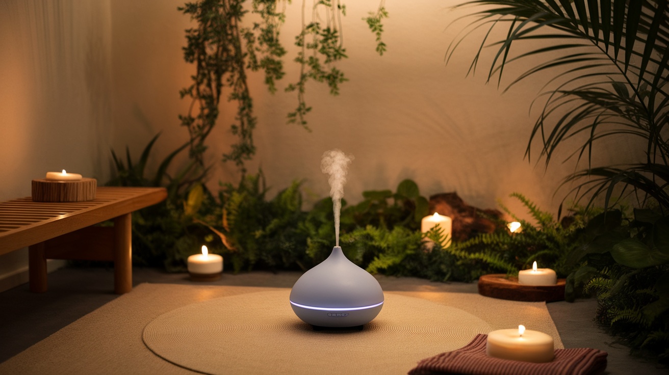 A serene zen room featuring a diffuser, candles, and plants, emphasizing quiet operation.