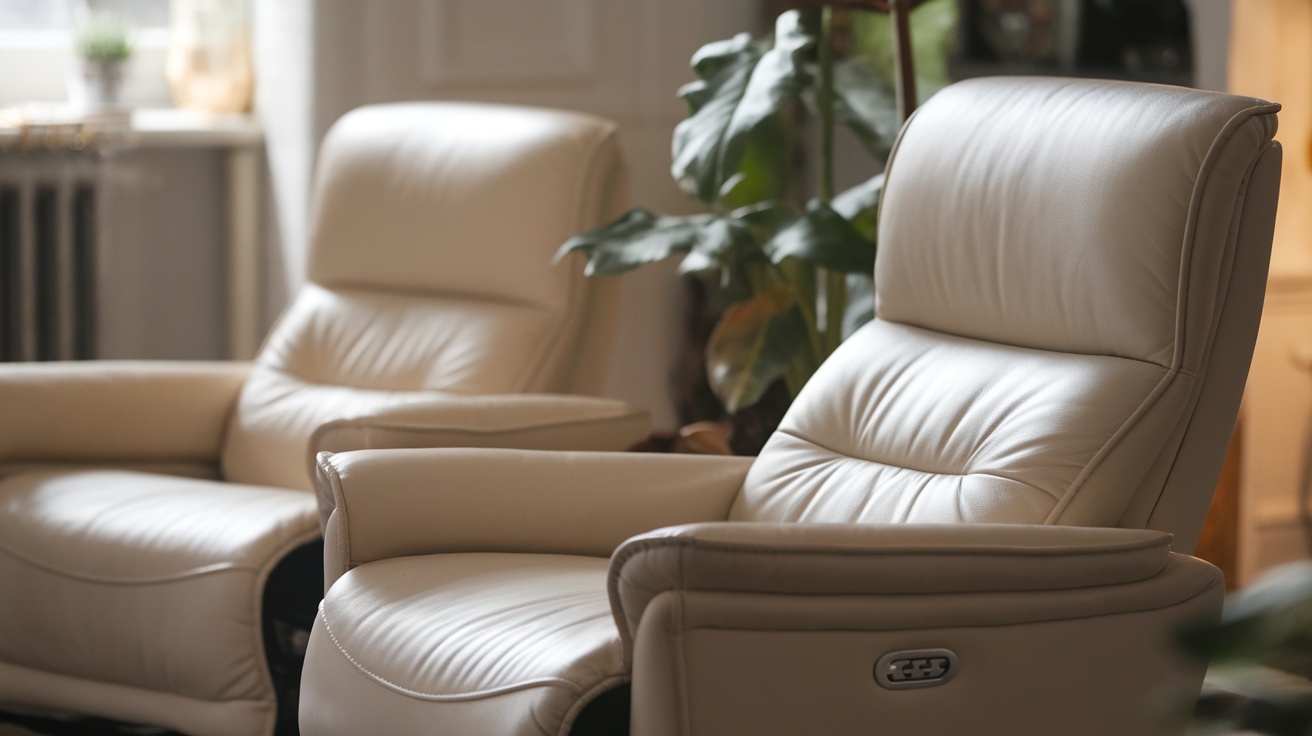 Two modern recliners with power adjustable headrests and lumbar support
