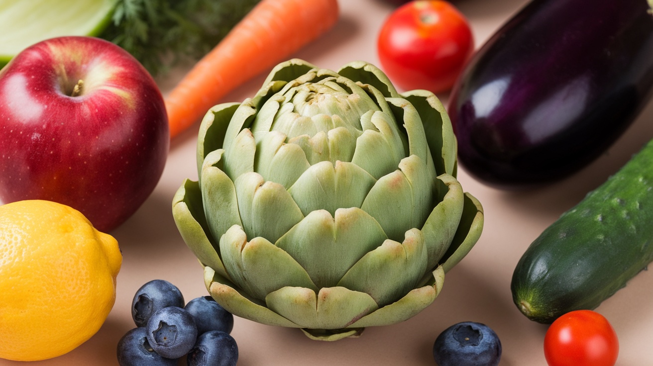 A fresh artichoke surrounded by various fruits and vegetables, showcasing its vibrant color and health benefits.
