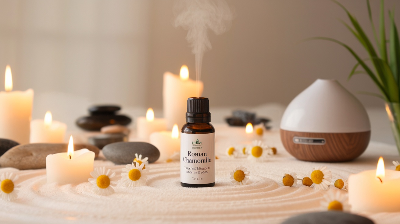 A bottle of Roman Chamomile oil surrounded by candles and stones, with a diffuser in the background.