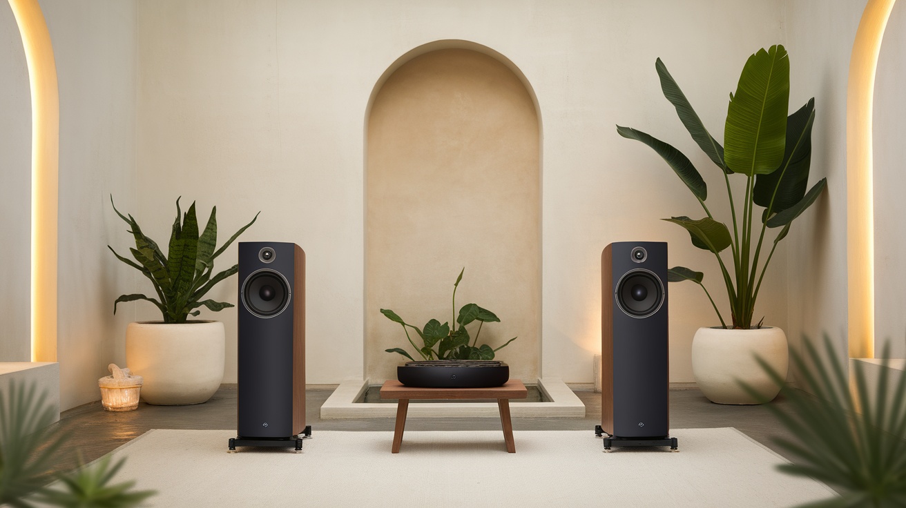 A serene room with two speakers on either side of a small table, surrounded by plants and soft lighting.