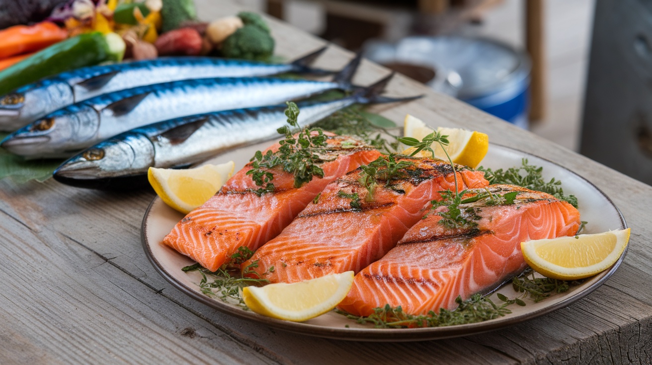 Grilled salmon fillets with lemon and herbs, alongside mackerel and colorful vegetables.