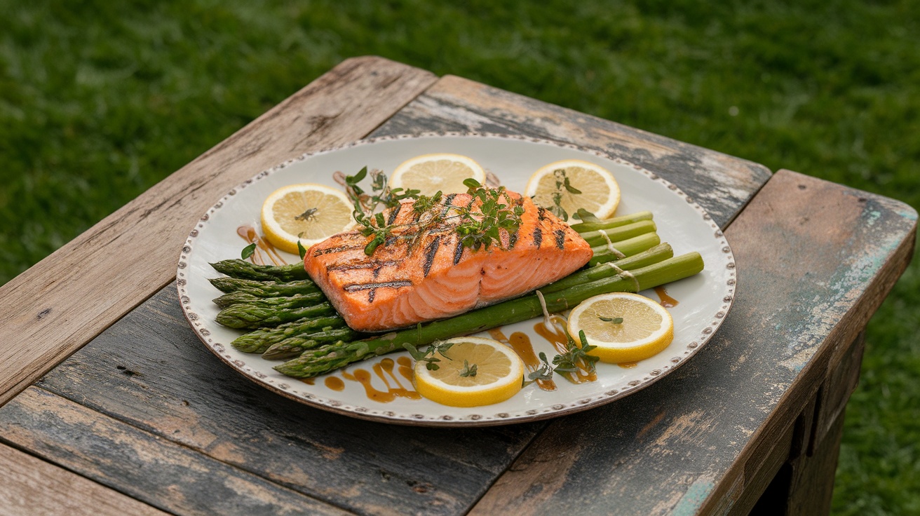 A plate of grilled salmon with lemon slices and asparagus on a rustic wooden table.