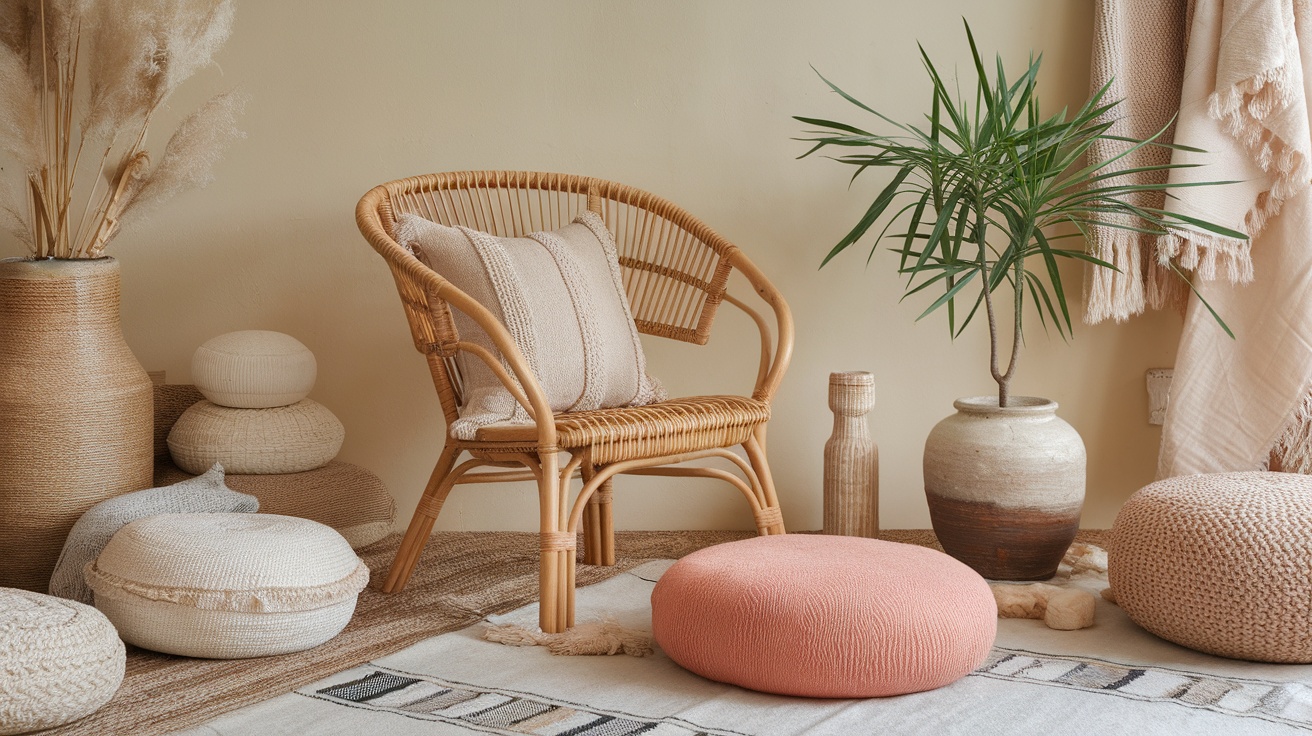 A cozy rattan chair with cushions, a round pouf, and a small plant in a minimalist zen nook.