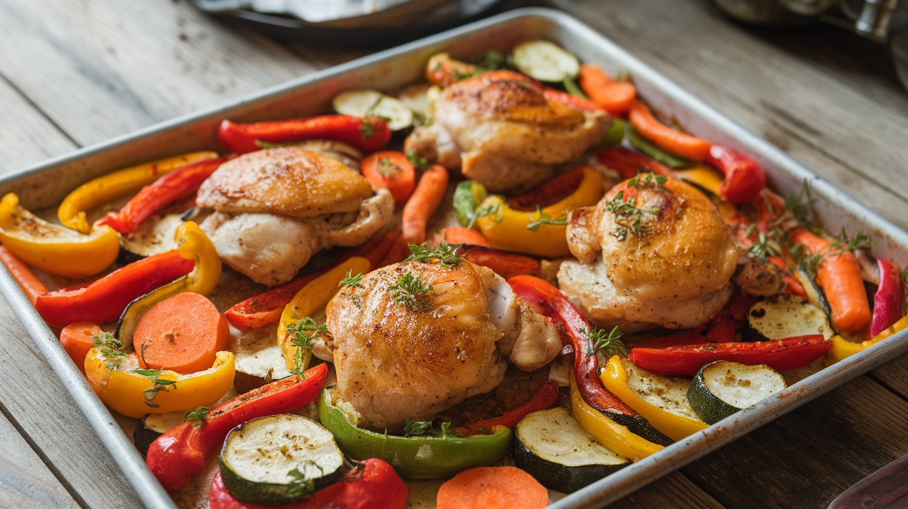 A sheet pan filled with roasted chicken thighs and colorful vegetables like bell peppers, zucchini, and carrots.