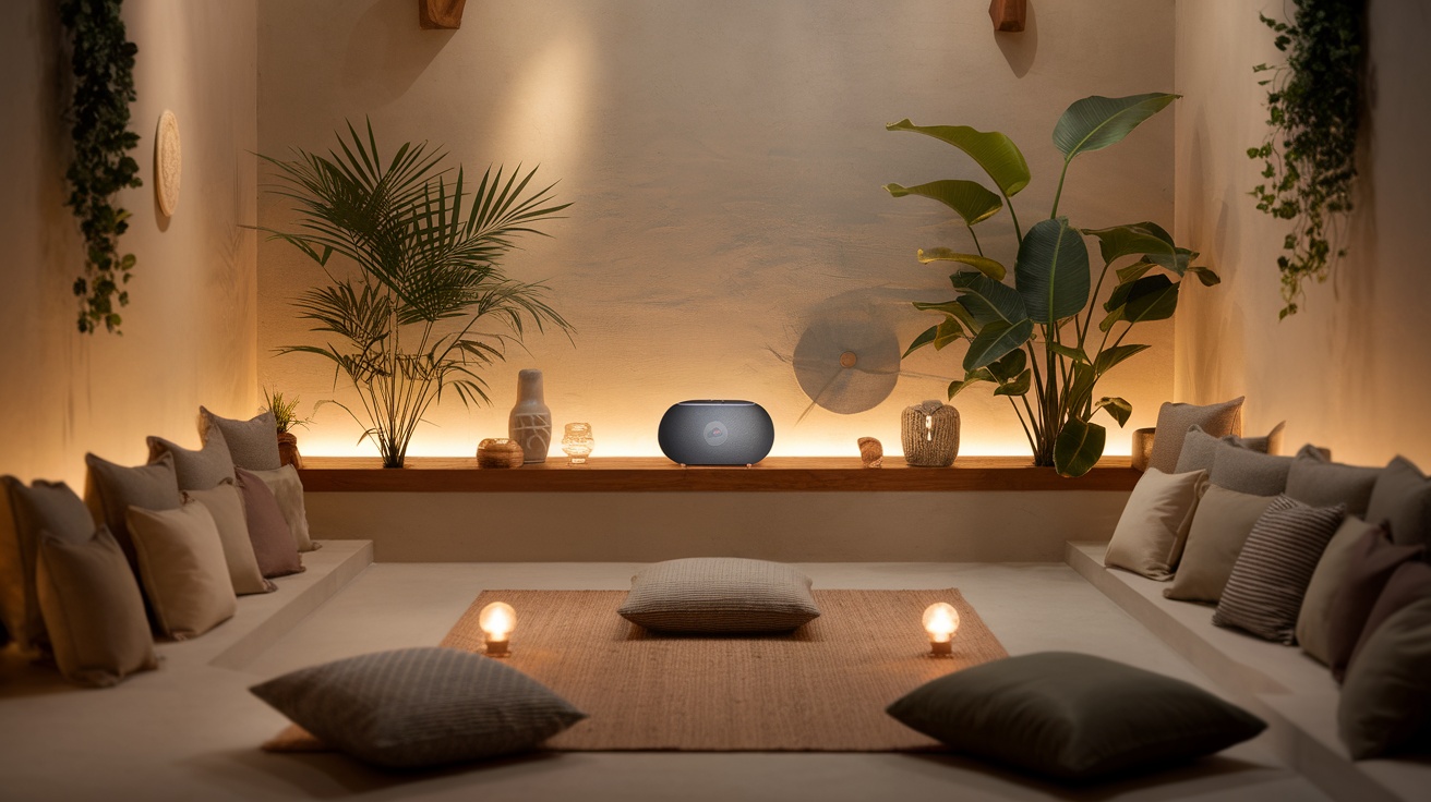 A cozy sanctuary featuring a sleek speaker surrounded by soft pillows and plants, emphasizing a calm atmosphere.