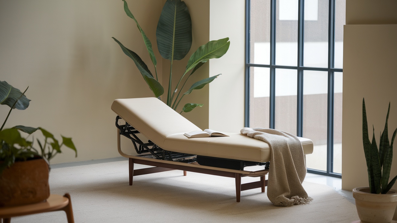 A modern beige sleeper chaise lounge with a wooden frame, a book resting on it, and plants in the background.