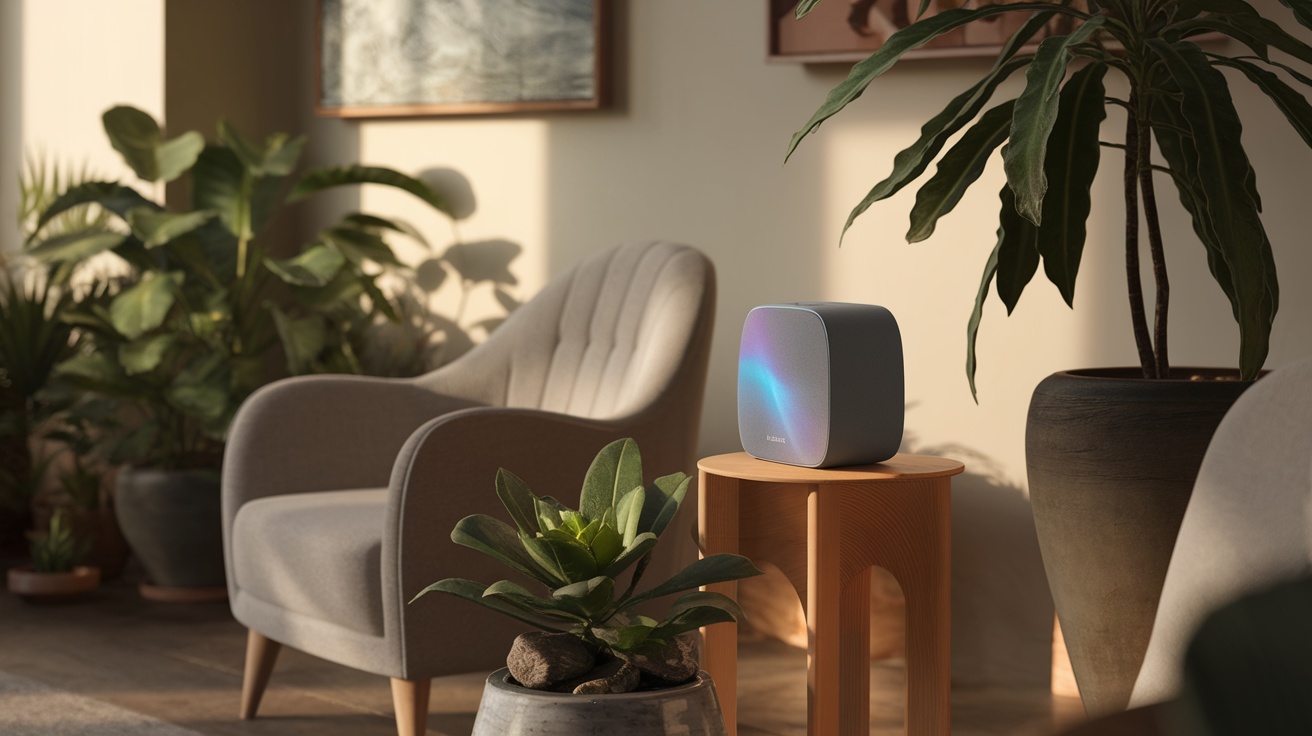 A modern speaker on a wooden table surrounded by plants, creating a calming atmosphere.