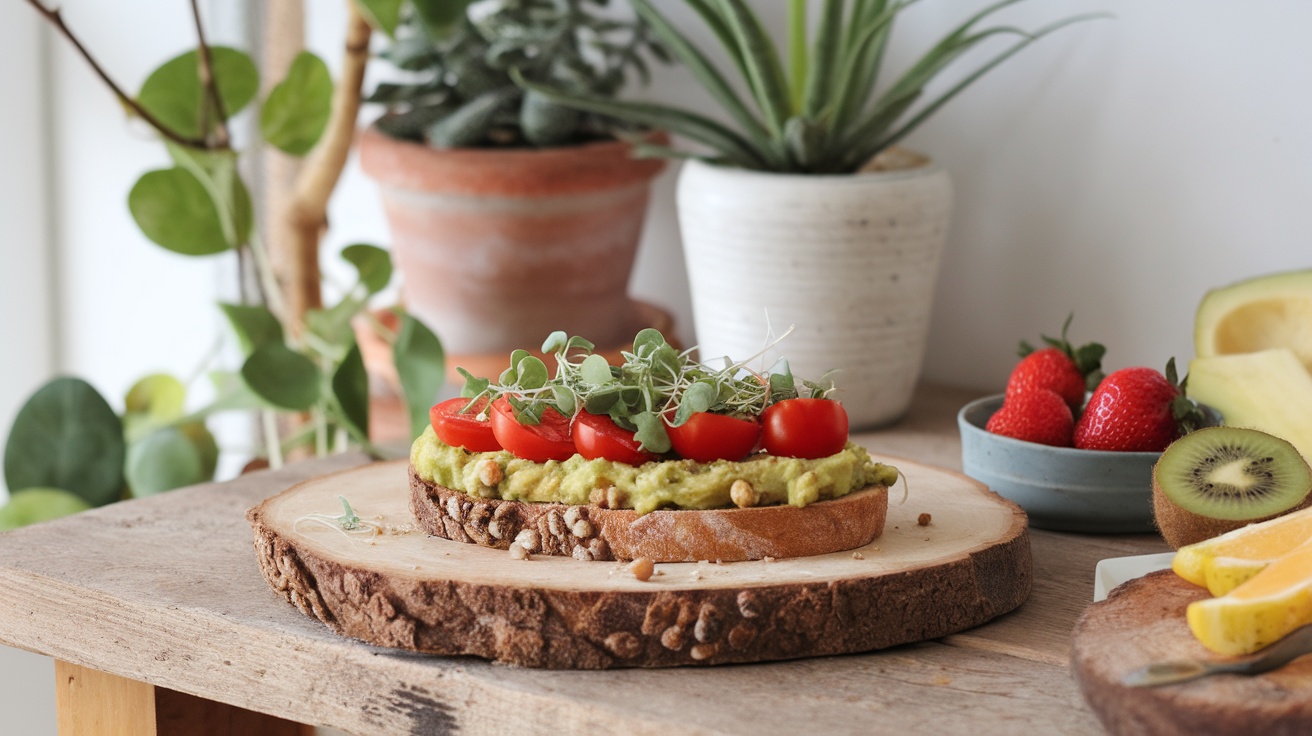 A slice of smashed chickpea avocado toast topped with cherry tomatoes and microgreens, served on a wooden board with fresh fruits in the background.