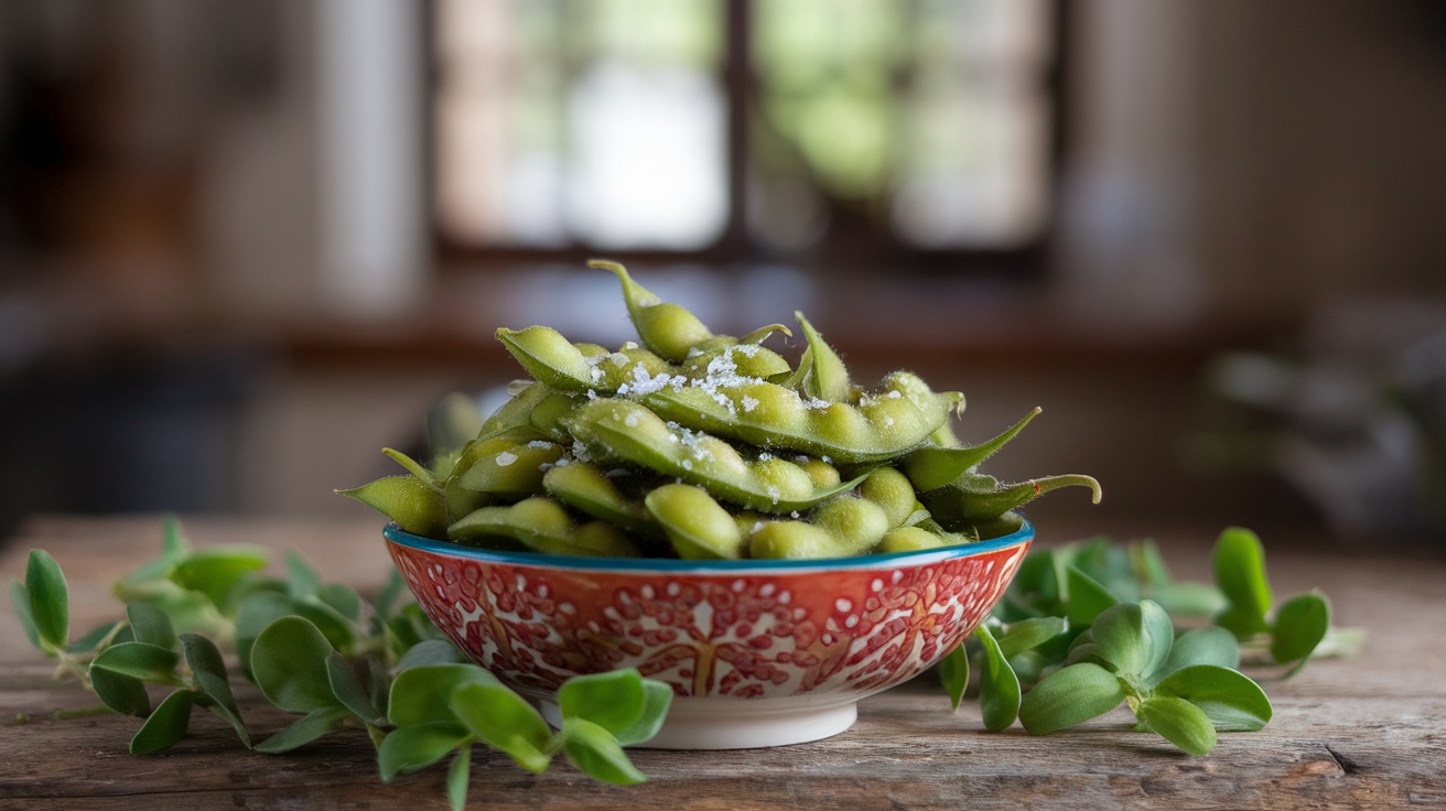 A bowl of edamame sprinkled with salt, surrounded by green leaves on a wooden table.