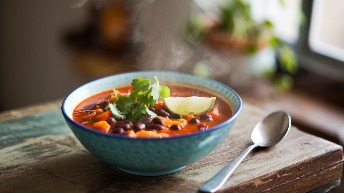 A bowl of spicy black bean and vegetable soup garnished with cilantro and lime, steaming in a cozy setting.