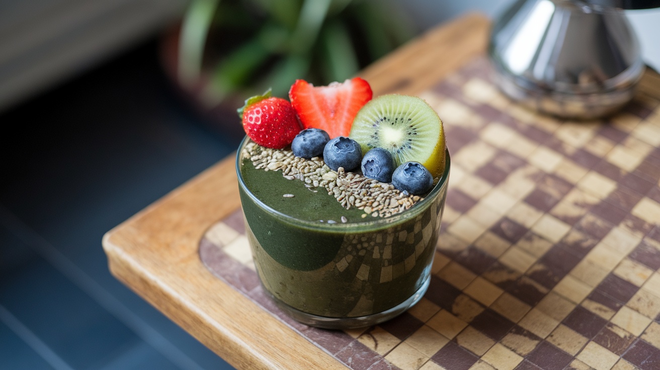 A green smoothie topped with fresh fruits and seeds, showcasing spirulina as a key ingredient.