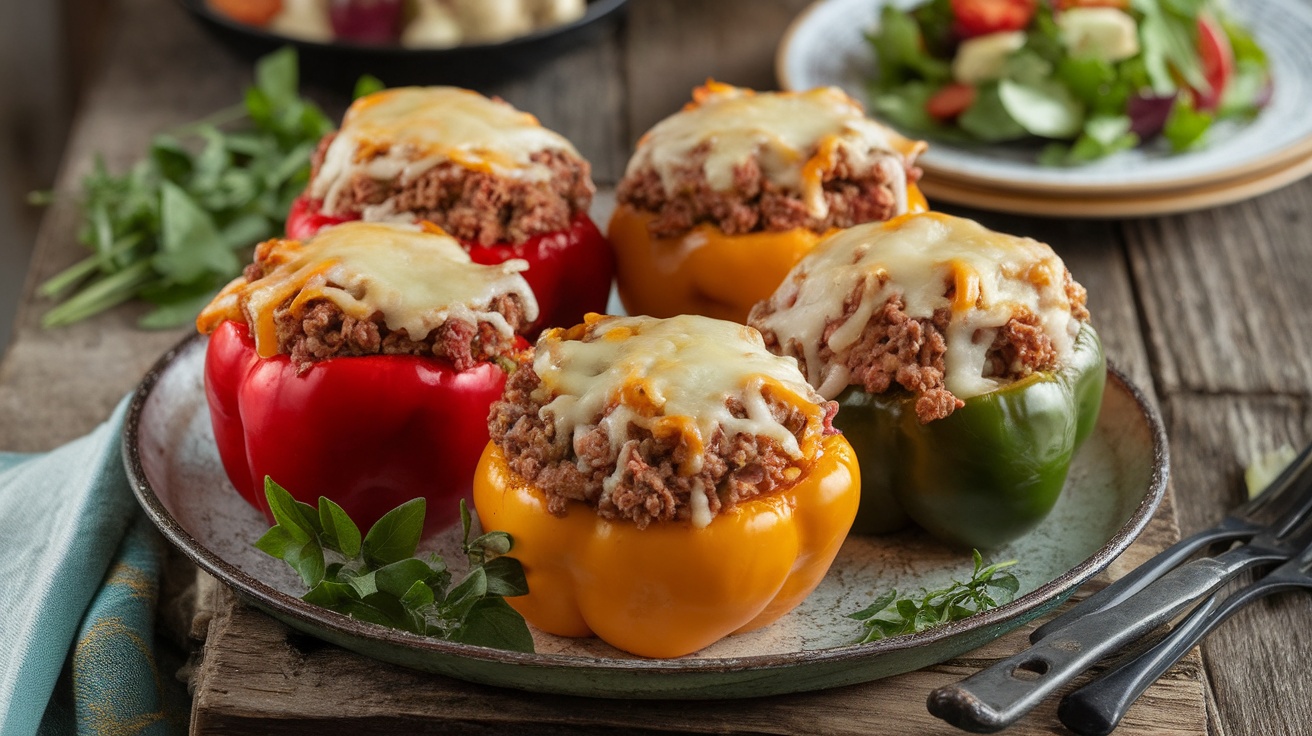 Stuffed bell peppers filled with lean ground beef and topped with melted cheese, served on a plate.