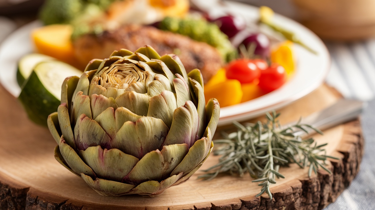 A fresh artichoke on a wooden board with a colorful plate of vegetables in the background.