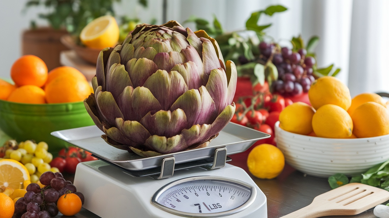 A fresh artichoke on a scale, surrounded by various fruits and vegetables.