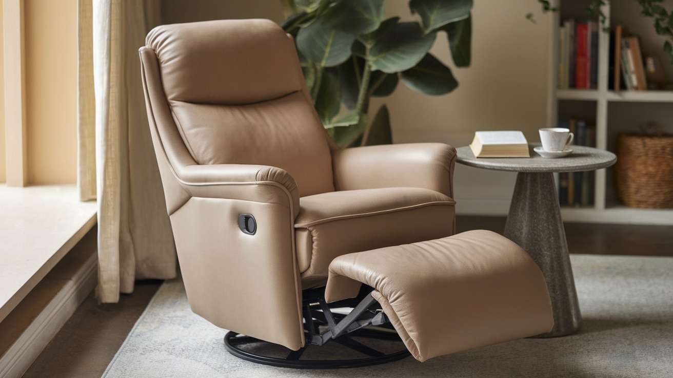 A beige swivel glider recliner with an ottoman, placed next to a small table with a book and a cup.