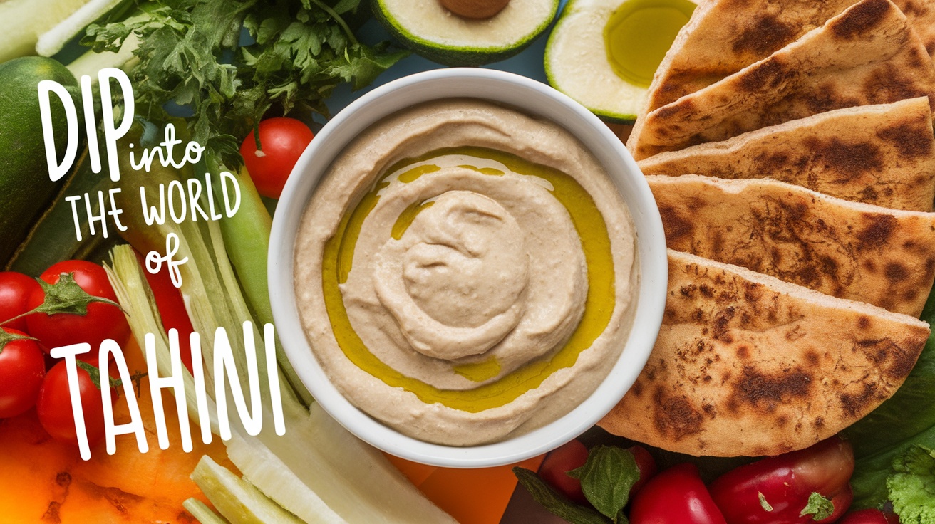 A bowl of tahini drizzled with olive oil, surrounded by fresh vegetables and pita bread.