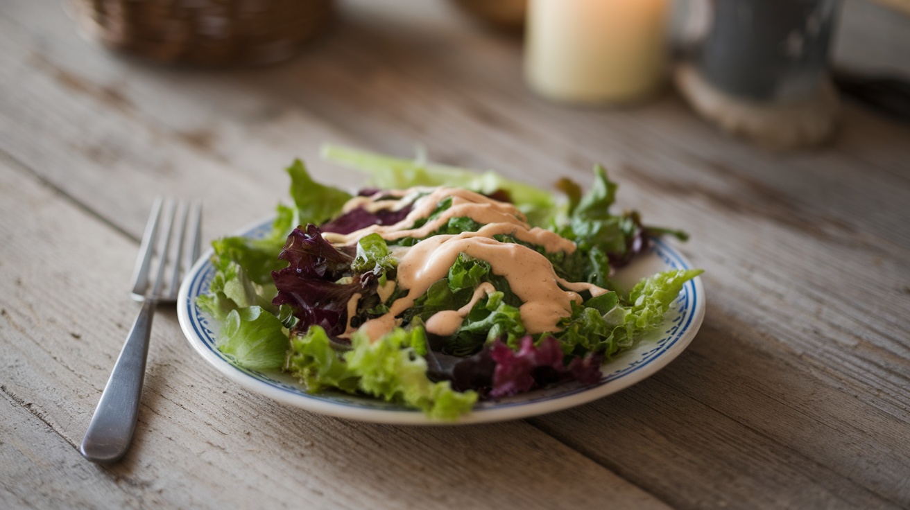 A plate of salad with creamy dressing on top, set on a rustic wooden table.