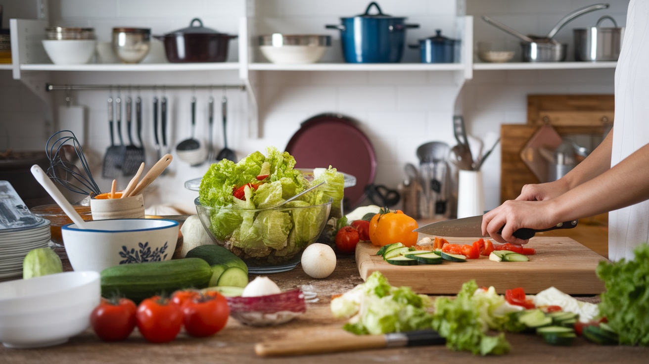 A kitchen scene with various fresh vegetables and a person chopping ingredients for a salad.