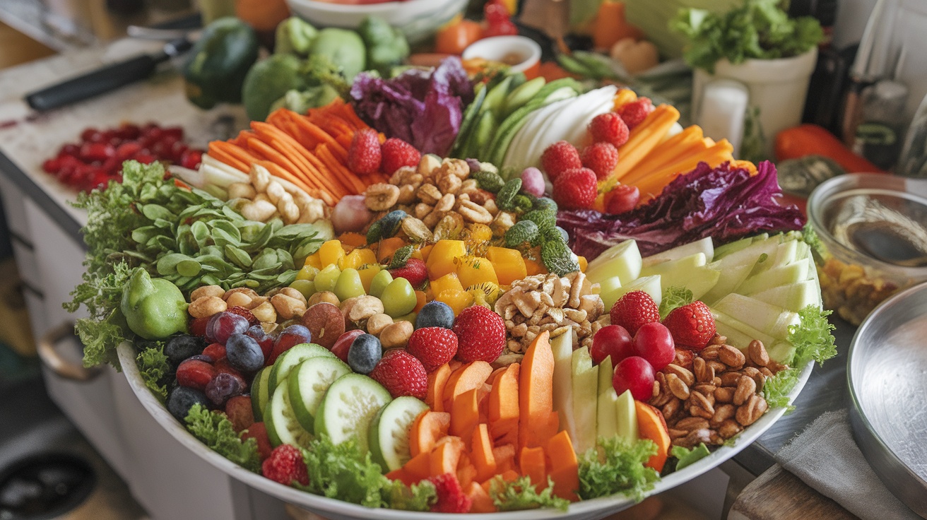 A vibrant platter of fresh vegetables and fruits arranged beautifully.